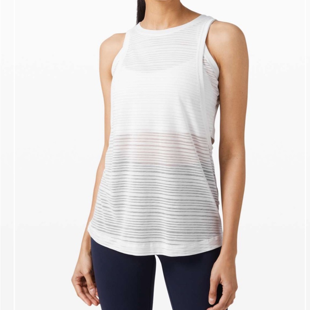 Lululemon CLEAR & PRESENT Muscle Tank. White Striped. Sheer. Sz 14. SFH.